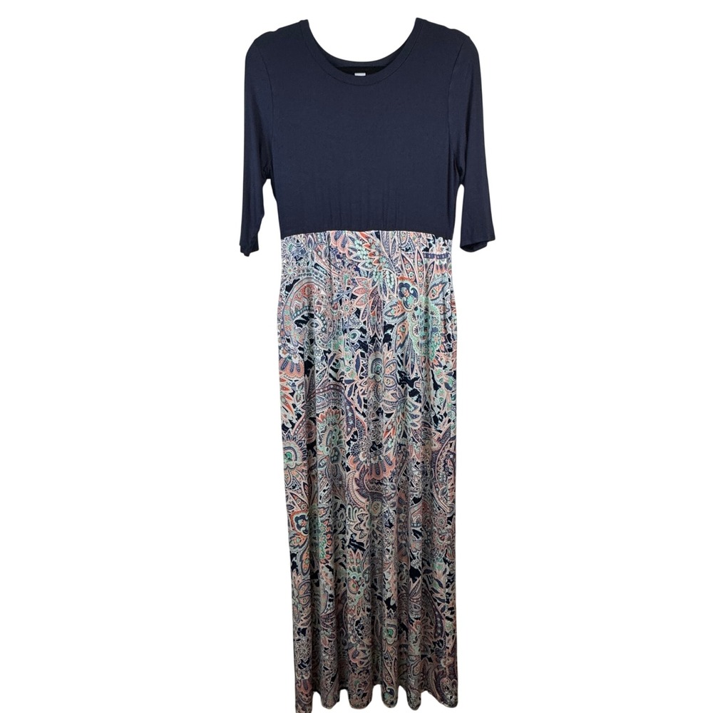 Jules & James Navy‎ Paisley Empire Waist Maxi Dress 3/4 Sleeve USA Made Spring